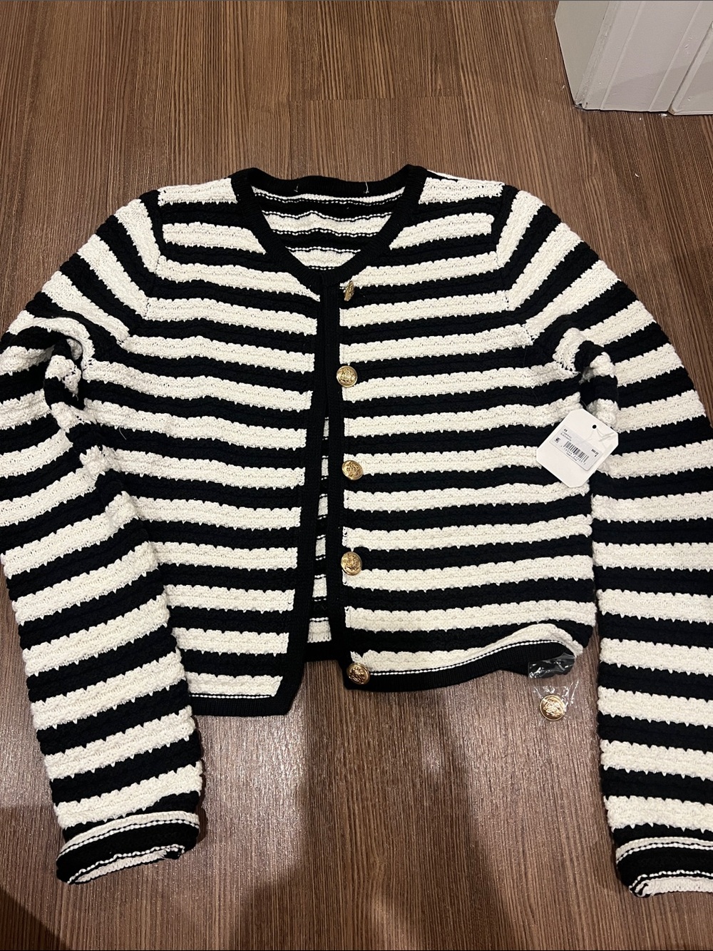 Striped Black & White Button-Front Women's Cardigan Sweater